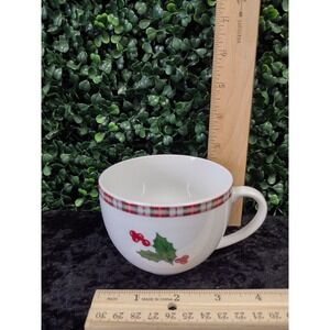 Essential Home Christmas 2005 Holly Berry Plaid Rim White Ceramic Coffee Mug